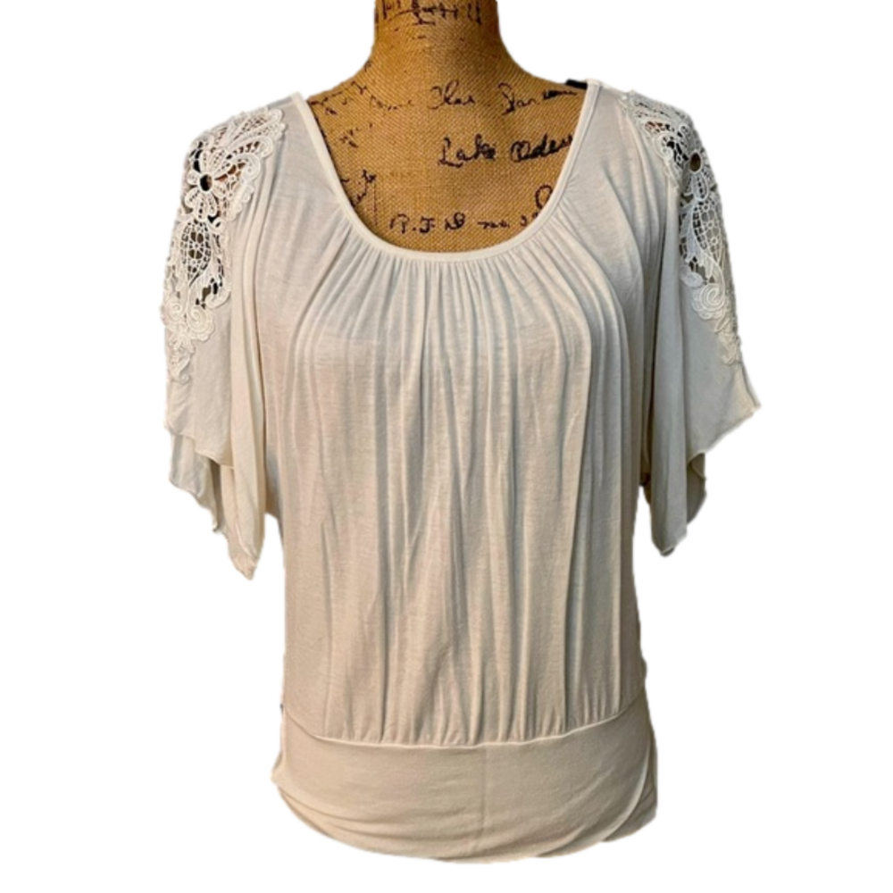 Iz Byer Ivory Short Sleeve Dolman w Lace Tunic Great Condition Size M